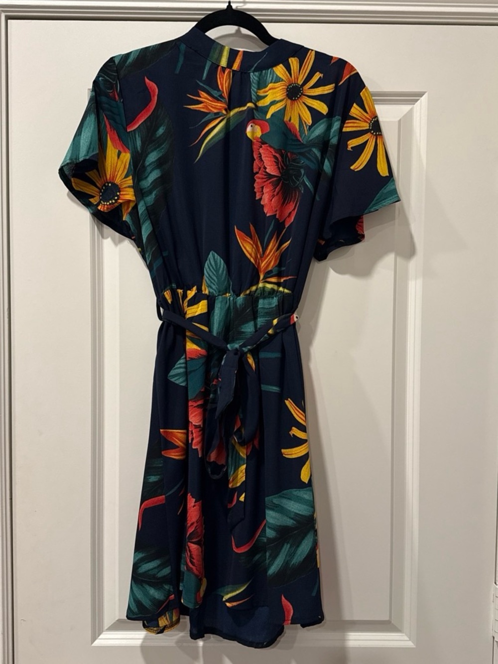 SHEIN Navy Floral Wrap Dress with Yellow & Red Accents